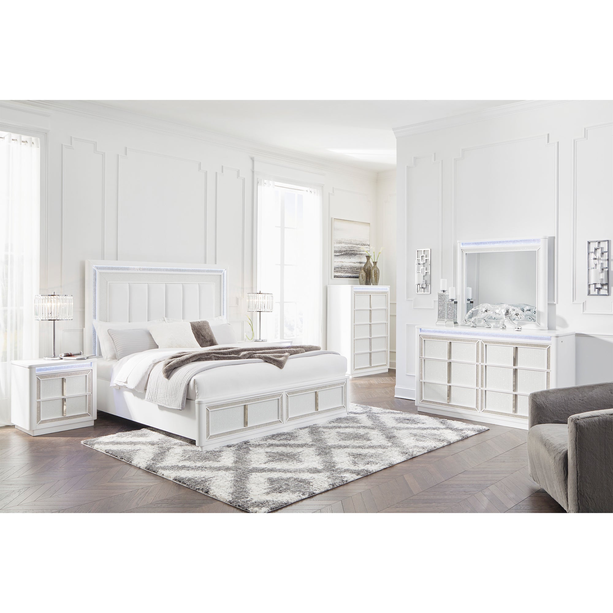 Chalanna King Upholstered Storage Bed with Mirrored Dresser