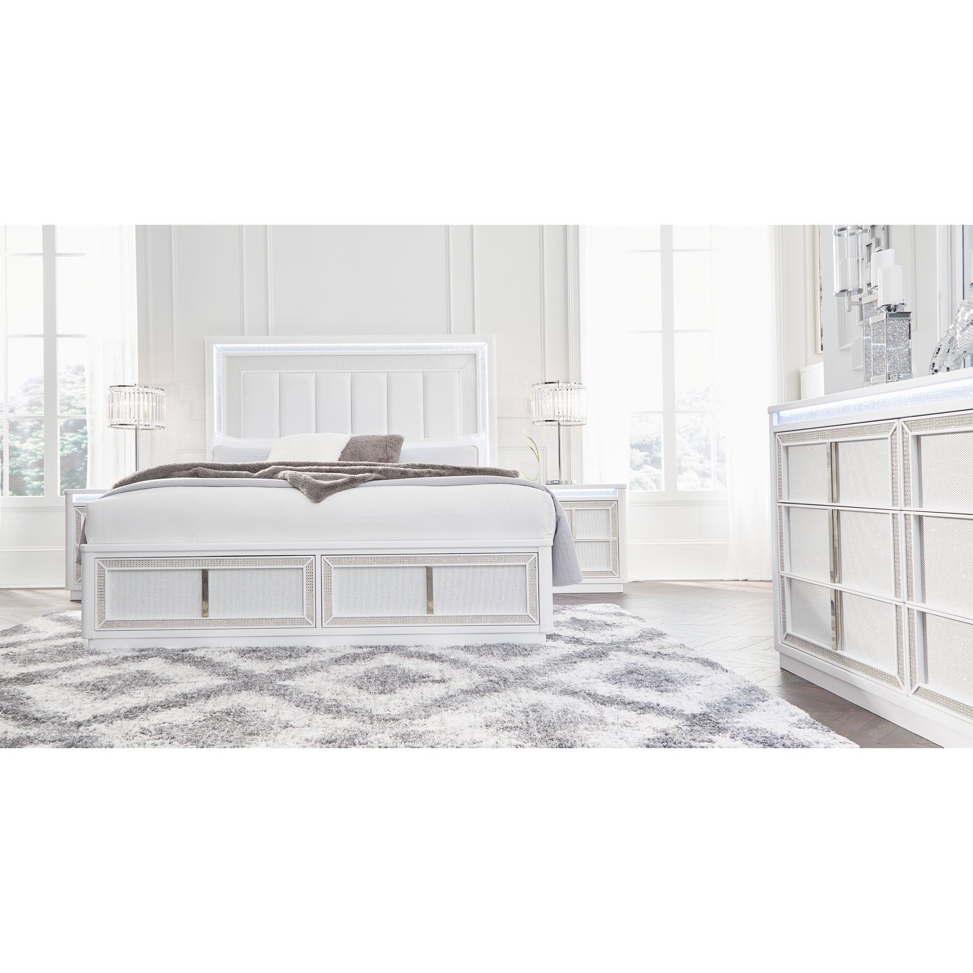 Chalanna Queen Upholstered Storage Bed with Mirrored Dresser