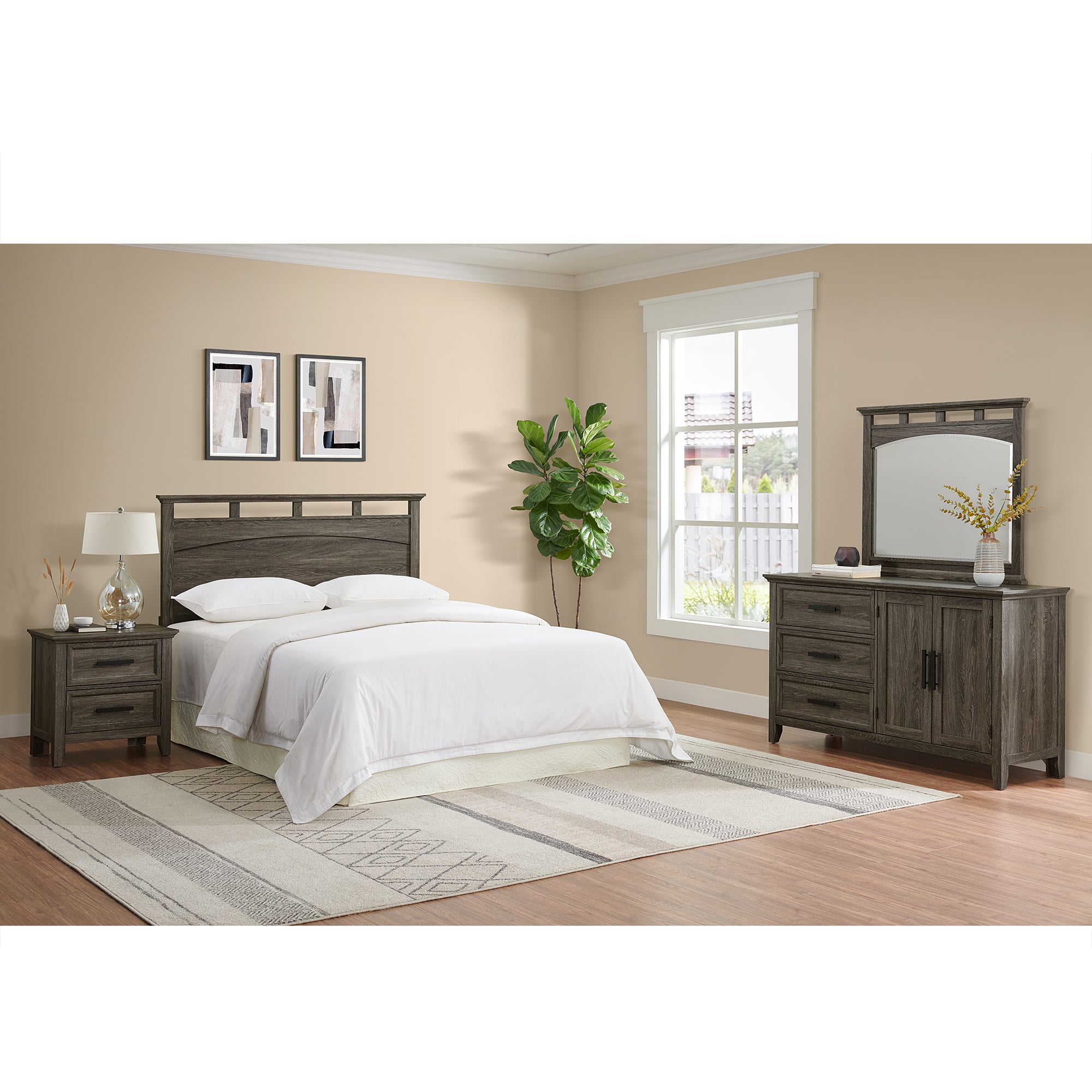 Matias Queen/Full Panel Headboard Bed with Mirrored Dresser and Nightstand