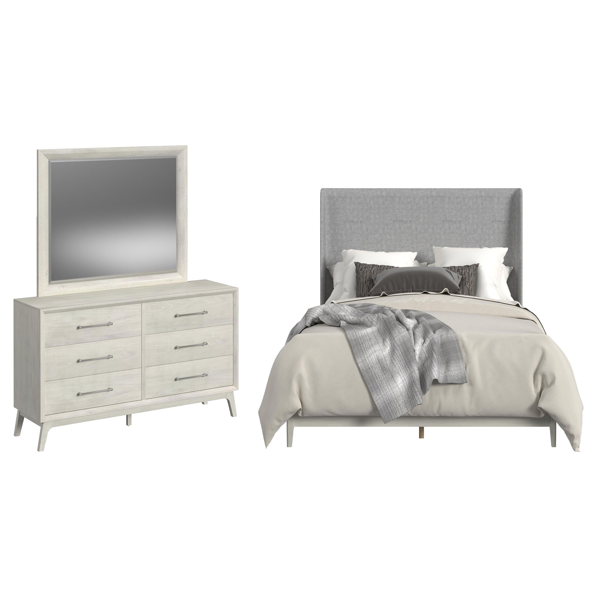 Westland Queen Upholstered Bed with Mirrored Dresser