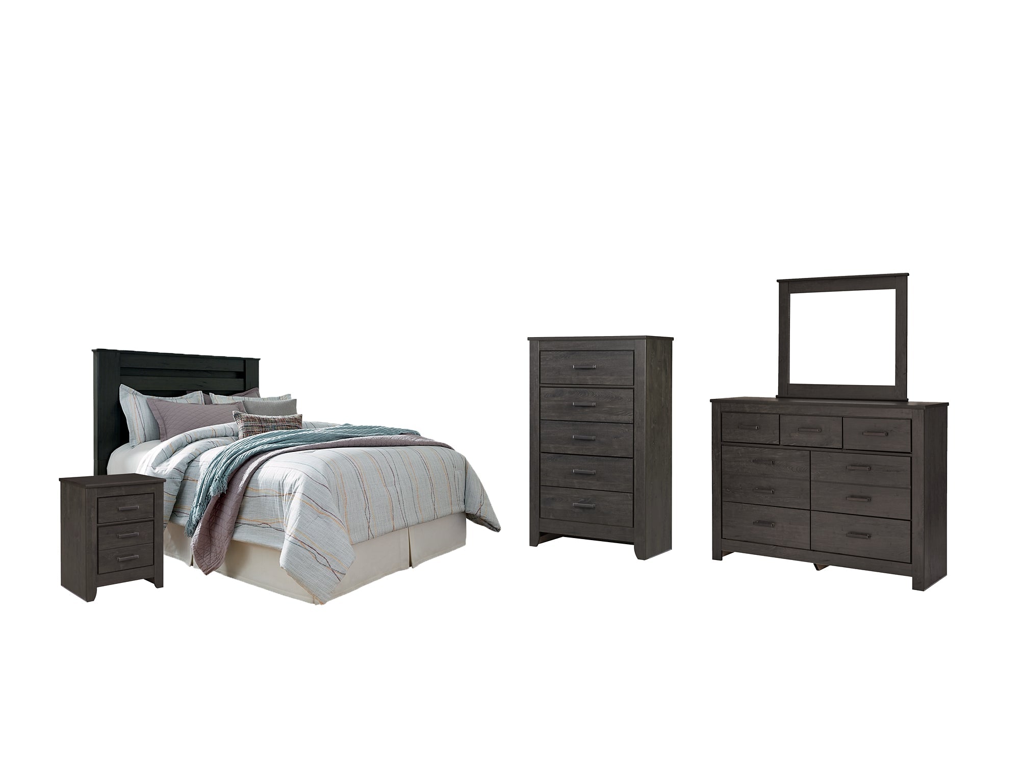Brinxton King/California King Panel Headboard Bed with Mirrored Dresser, Chest and Nightstand