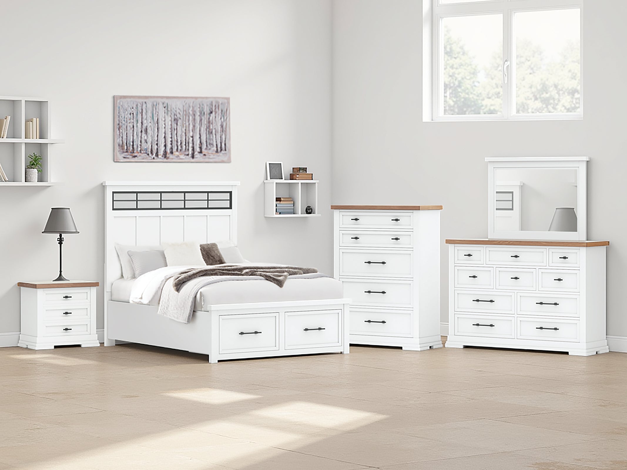 Ashbryn Queen Panel Storage Bed with Mirrored Dresser and Chest