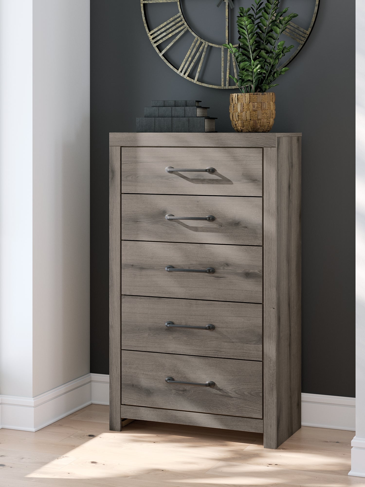 Graystorm King Panel Bed with Mirrored Dresser and Chest