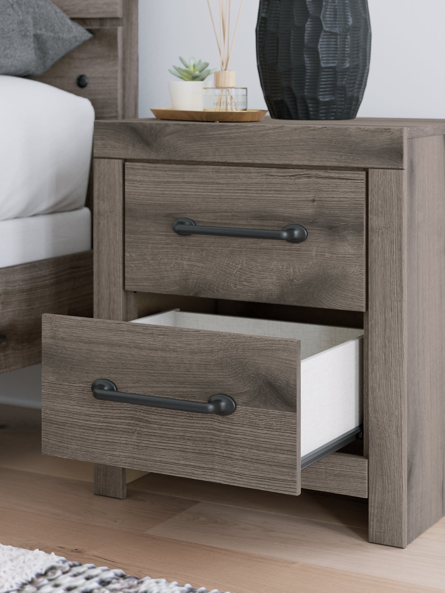 Graystorm Full Panel Bed with Storage with Mirrored Dresser and Nightstand