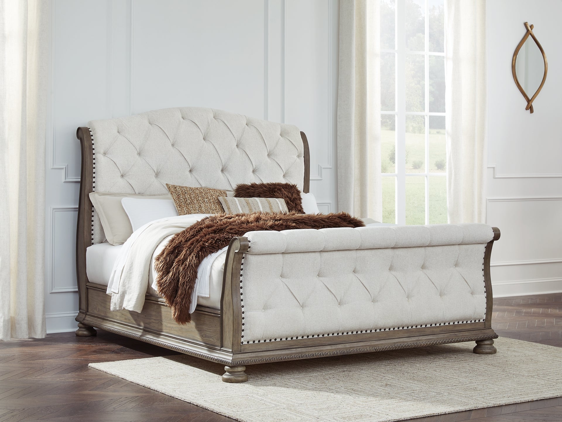 Ardenfield King Upholstered Sleigh Bed with Mirrored Dresser, Chest and Nightstand