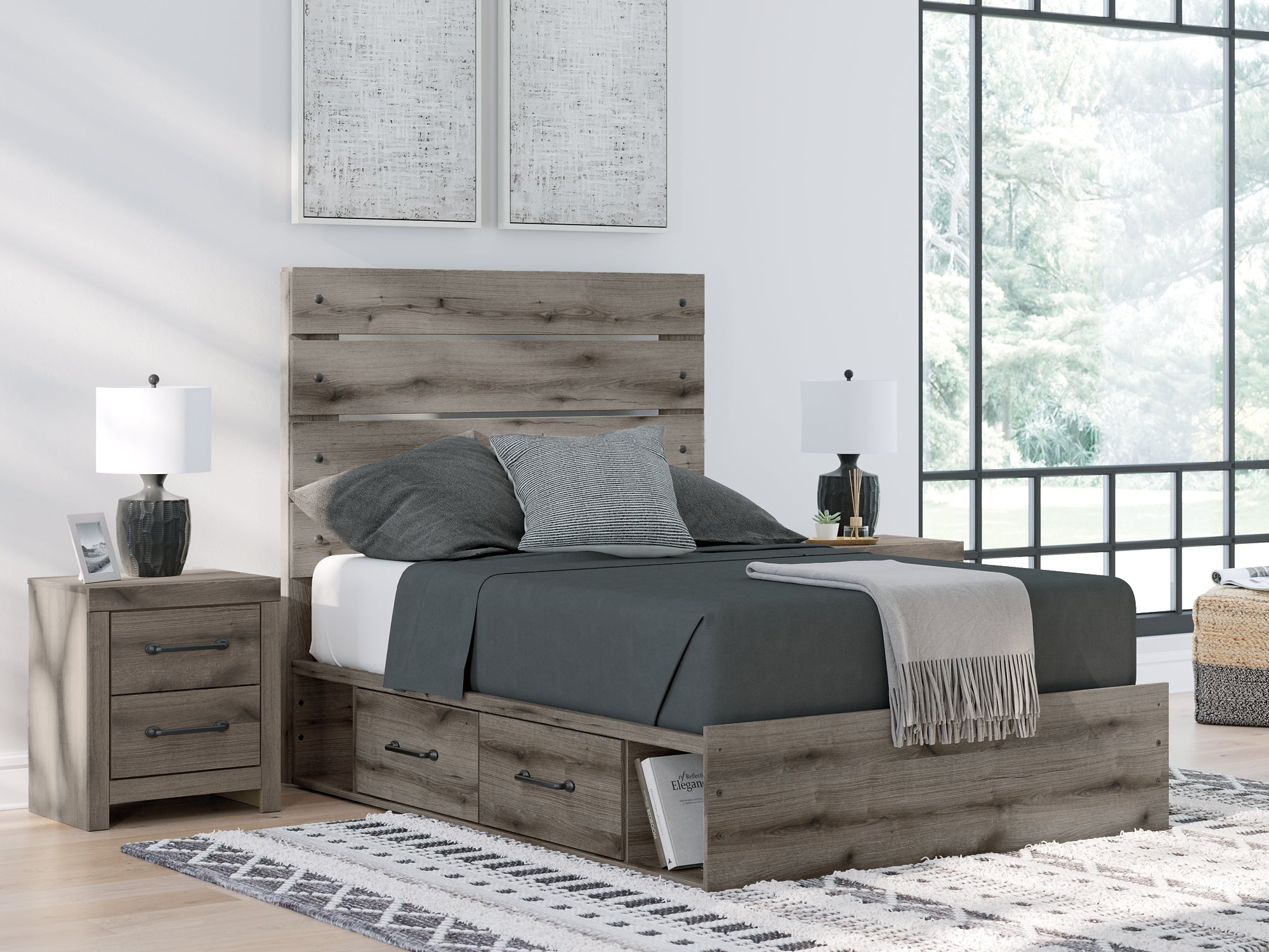 Graystorm Full Panel Bed with Storage with Mirrored Dresser