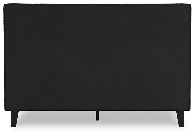 Cadmori Queen Upholstered Bed with Mirrored Dresser and Chest