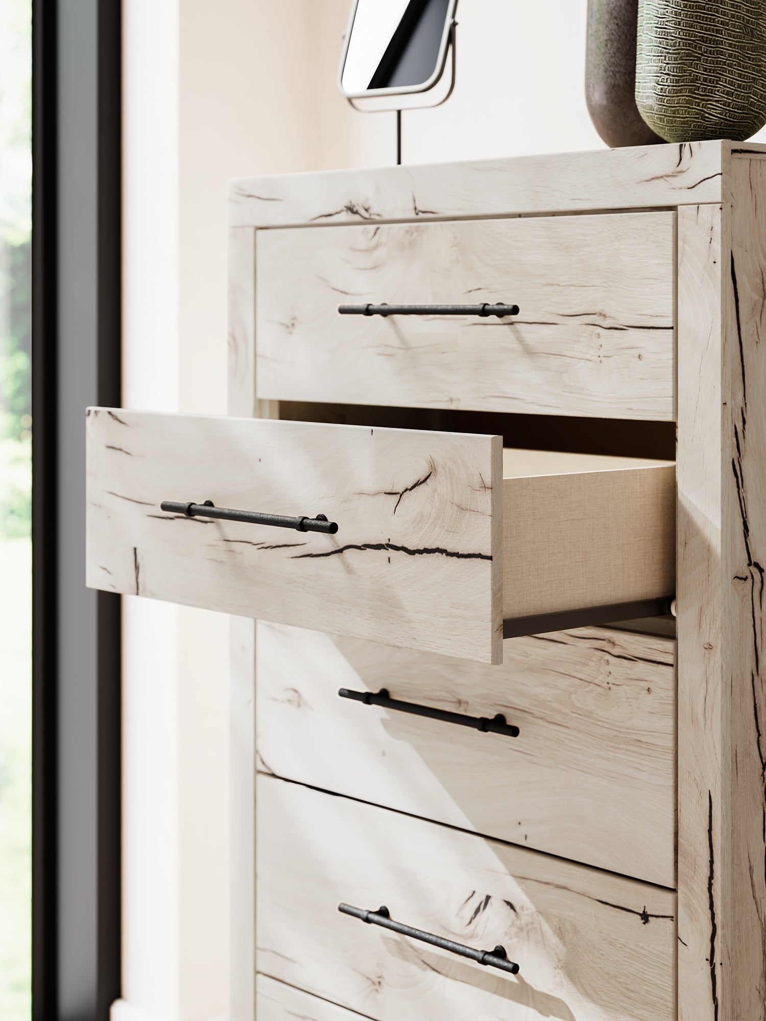 Lawroy King Panel Bed with Mirrored Dresser and Chest