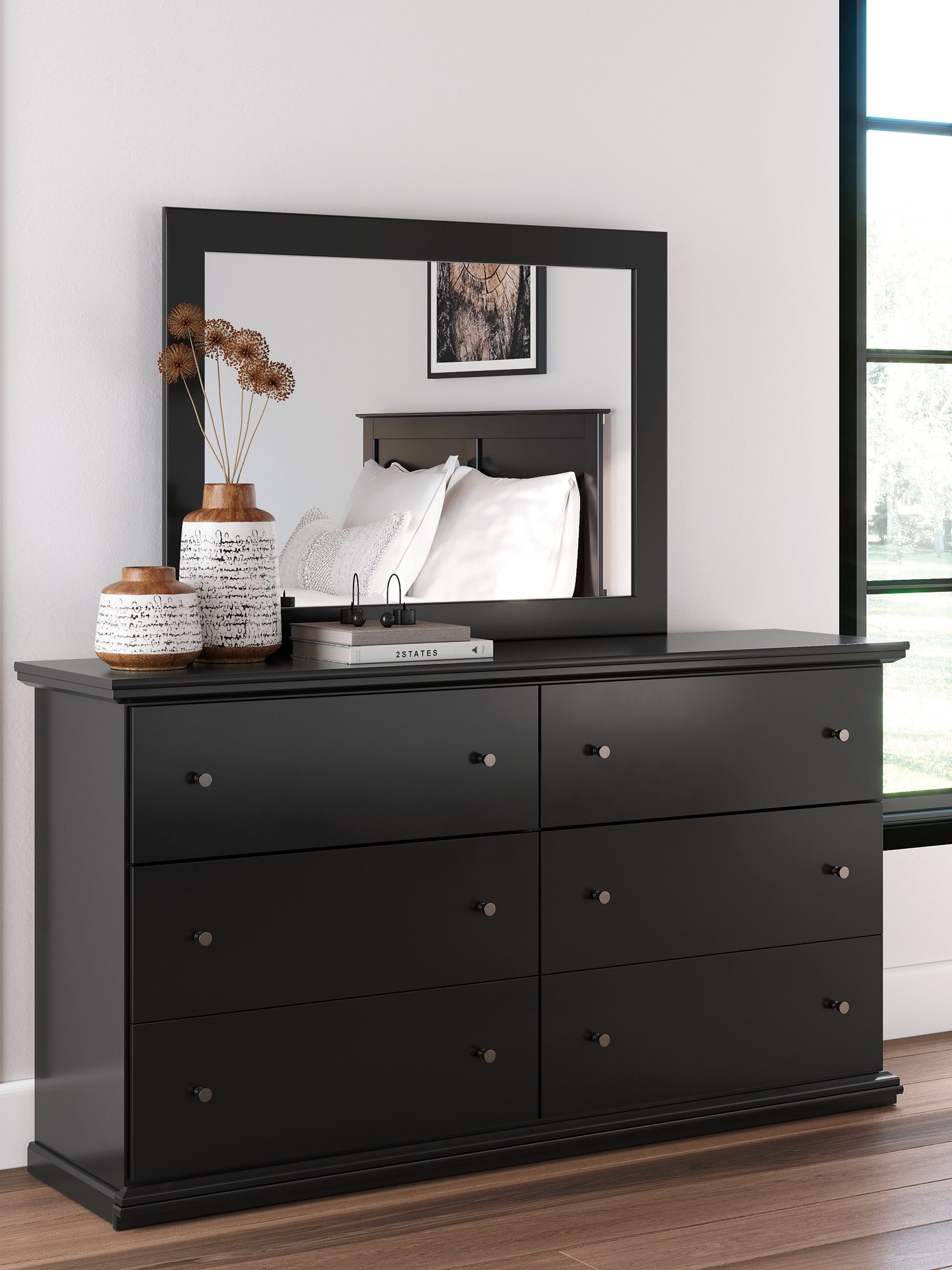 Maribel Queen Panel Bed with Mirrored Dresser