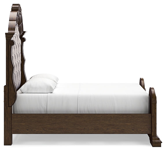 Maylee Queen Upholstered Bed with Mirrored Dresser and Chest