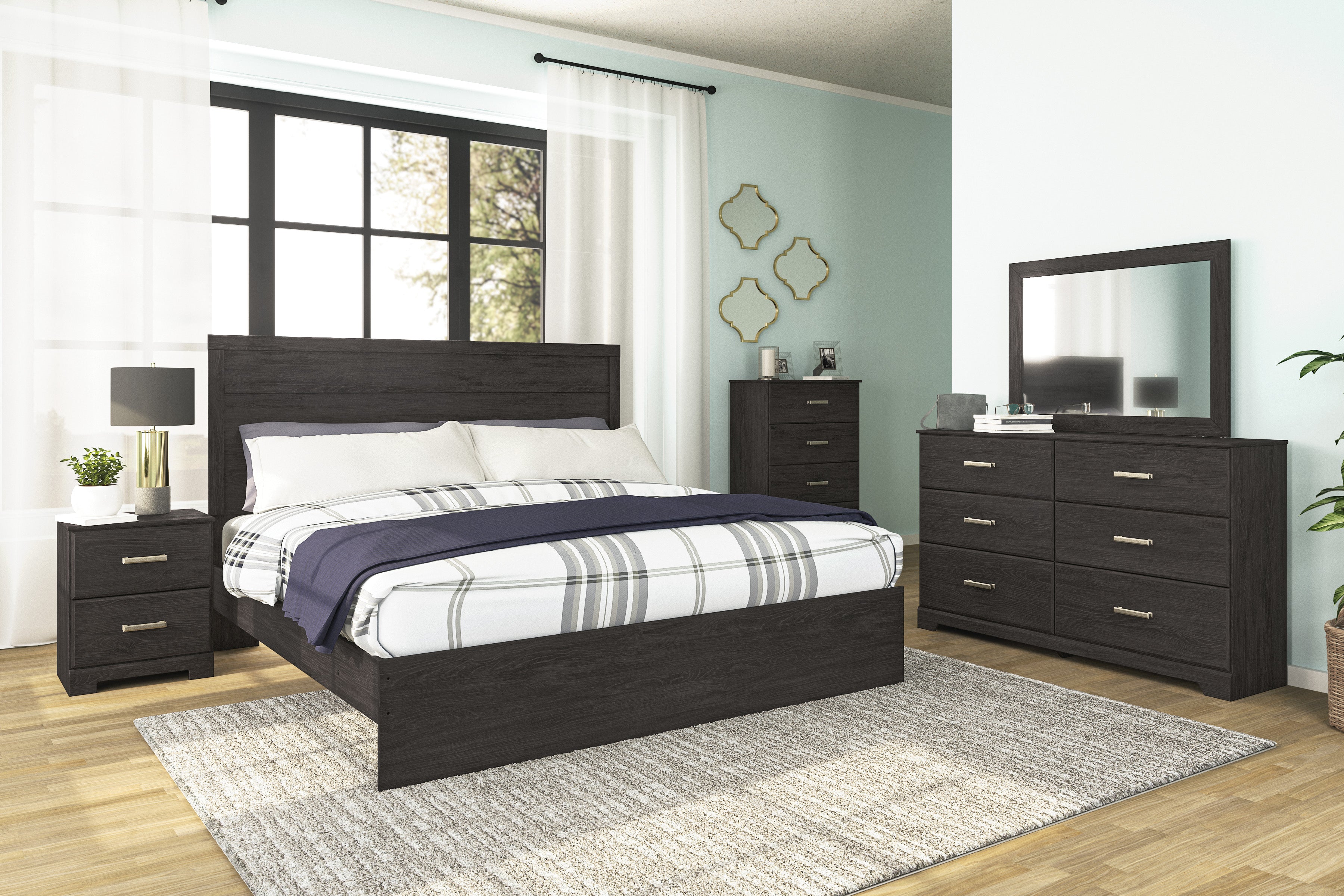 Belachime King Panel Bed with Mirrored Dresser