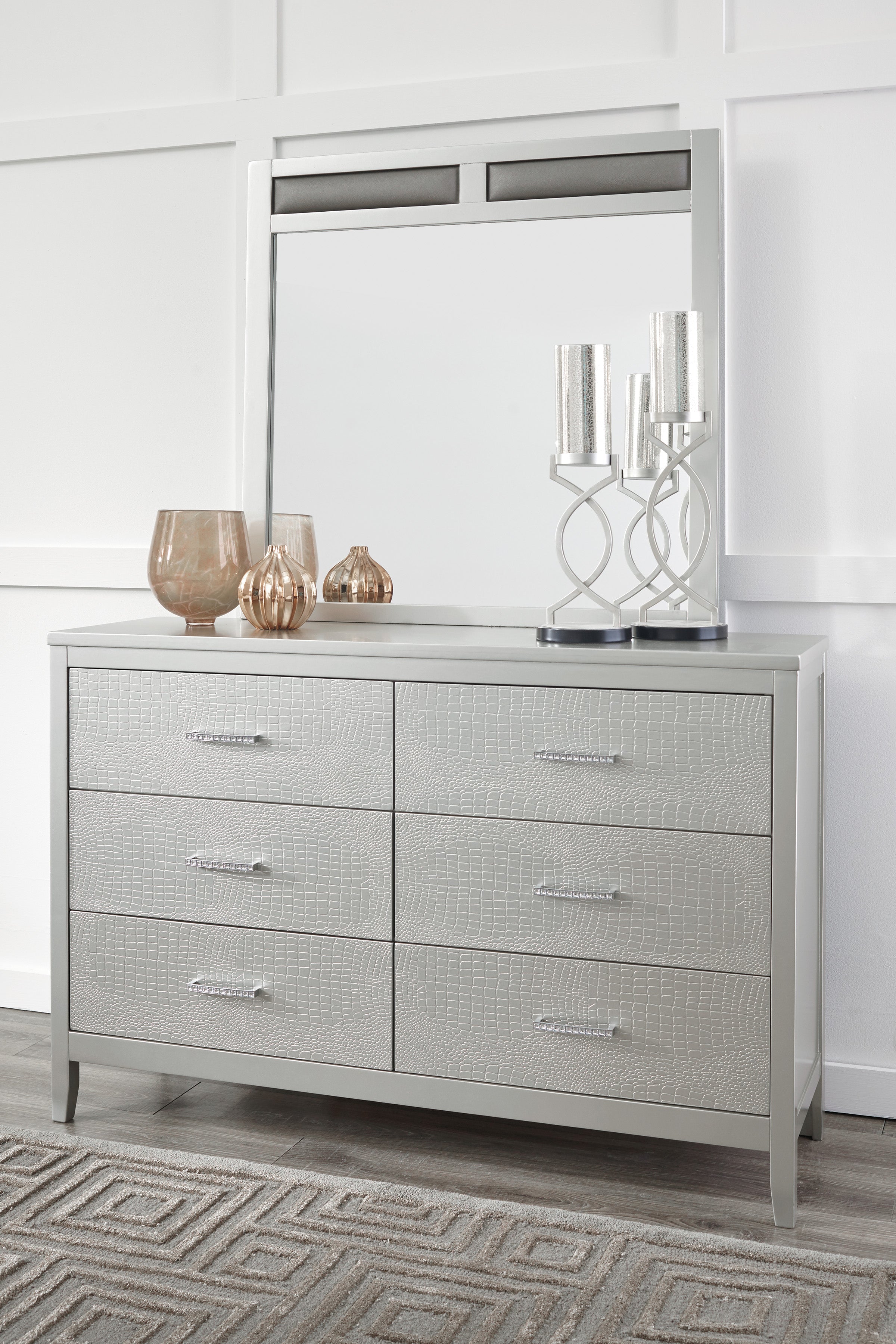 Olivet King Panel Bed with Mirrored Dresser