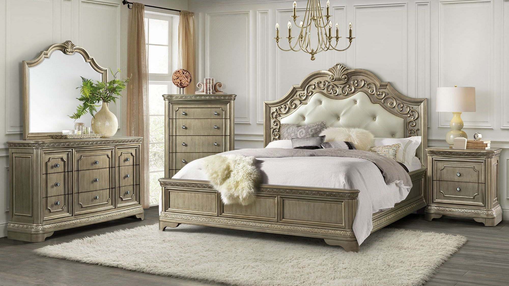 Vincenza Queen Panel Bed with Mirrored Dresser