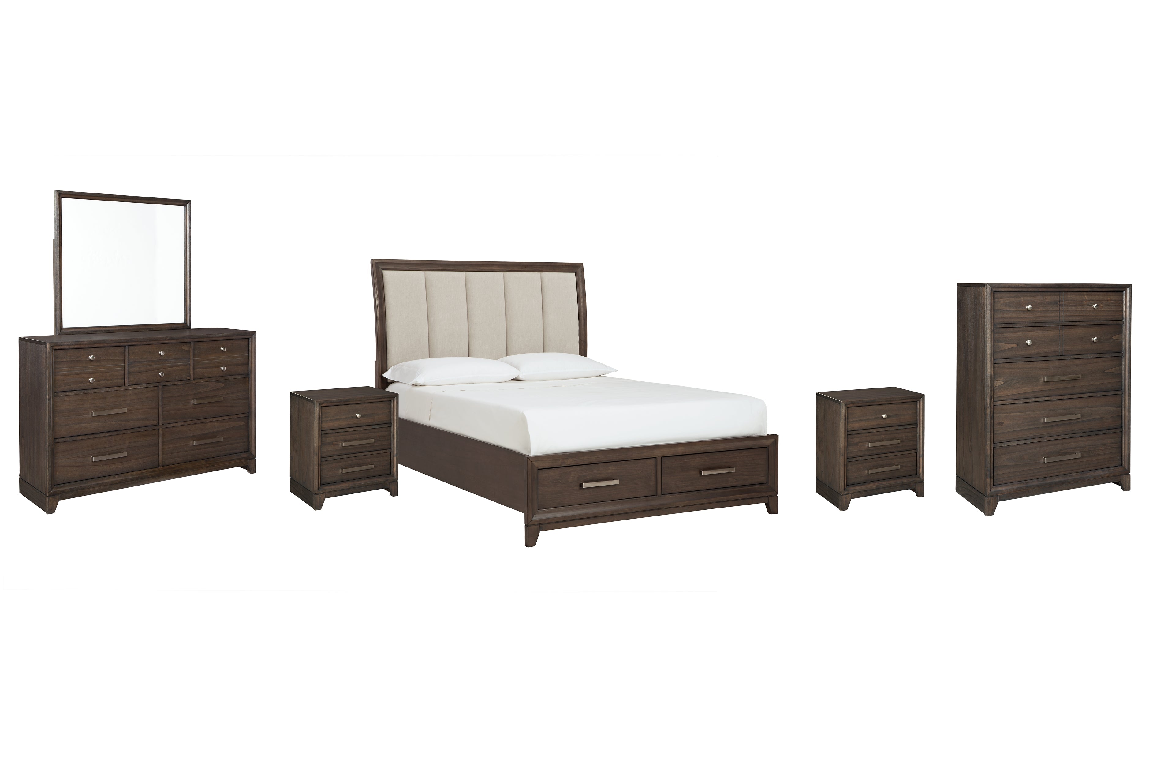 Brueban Queen Panel Bed with 2 Storage Drawers with Mirrored Dresser, Chest and 2 Nightstands