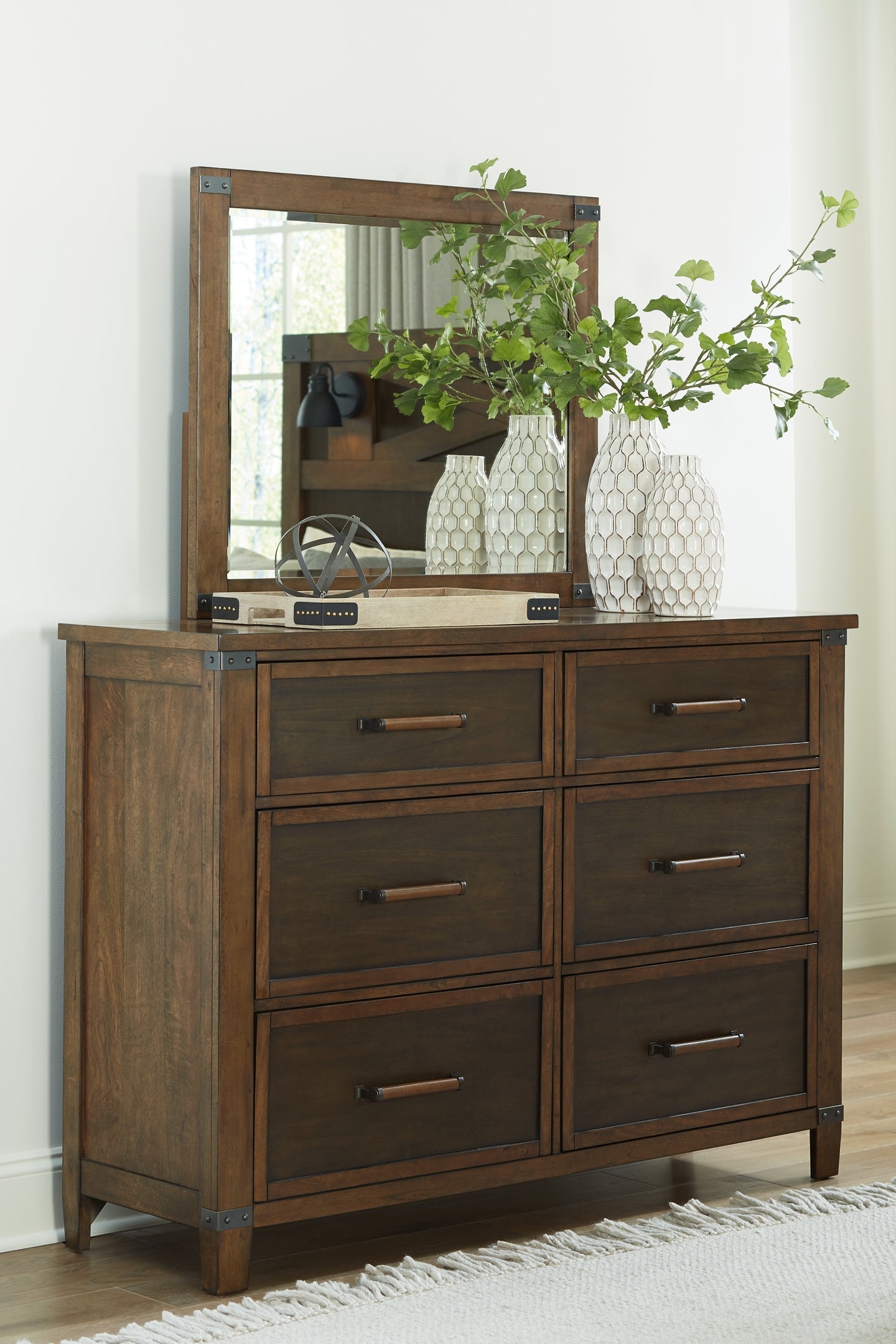 Wyattfield California King Panel Bed with Mirrored Dresser, Chest and Nightstand