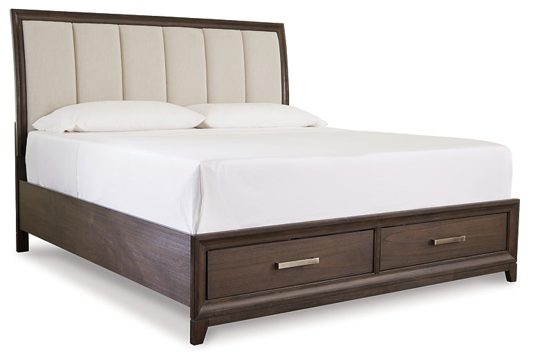 Brueban King Panel Bed with 2 Storage Drawers with Mirrored Dresser and Nightstand