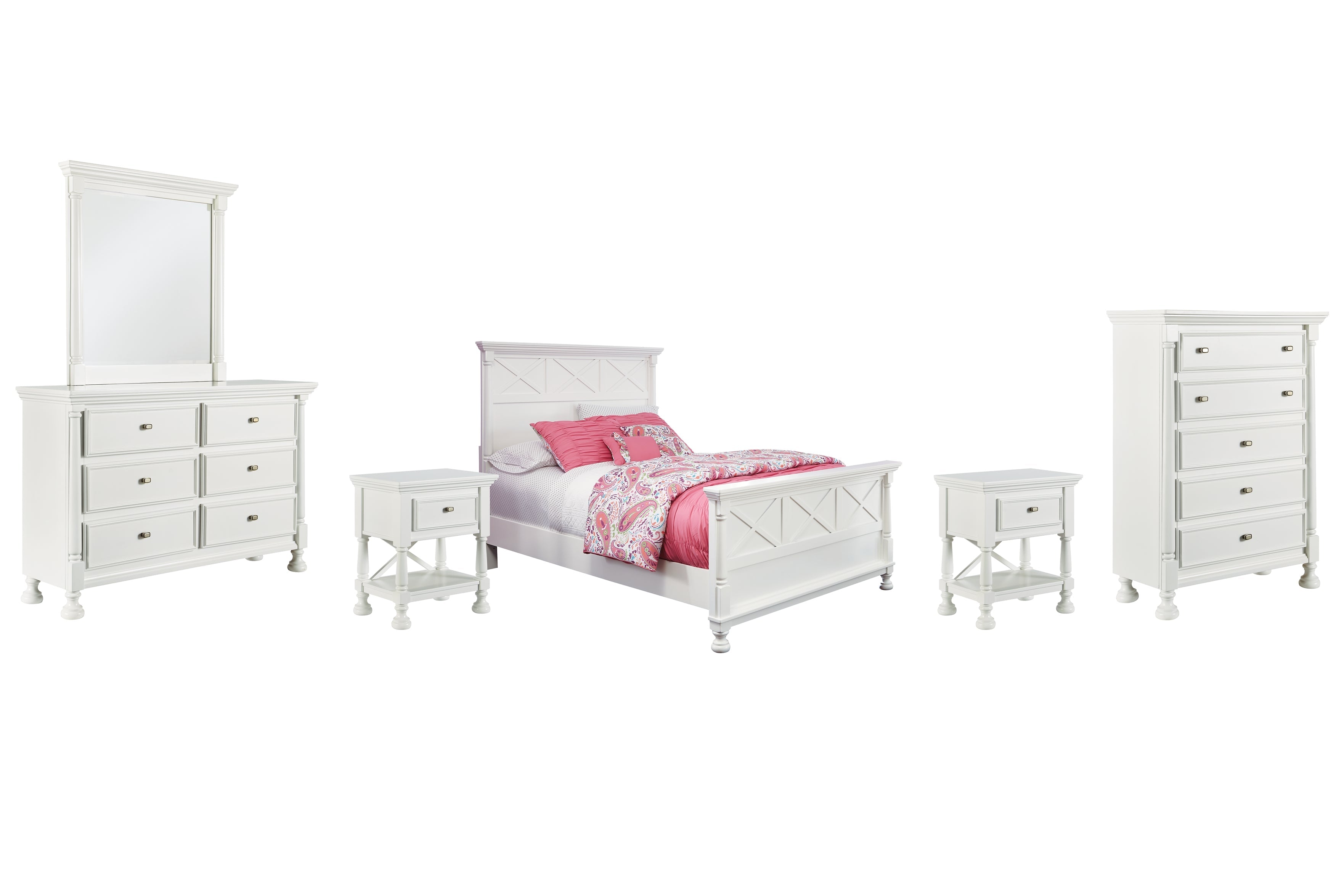 Kaslyn Queen Panel Bed with Mirrored Dresser, Chest and 2 Nightstands