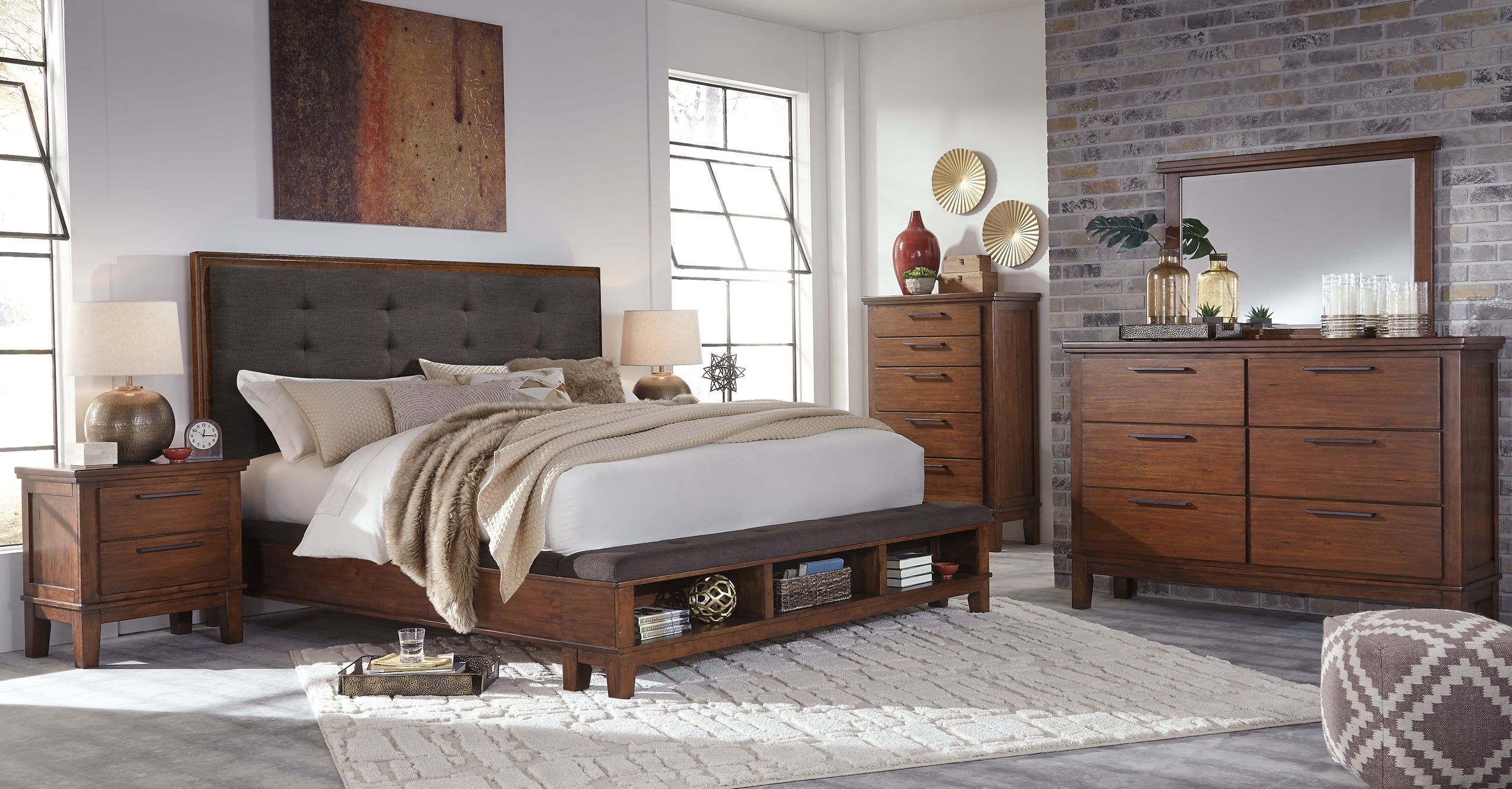 Ralene King Upholstered Panel Bed with Mirrored Dresser