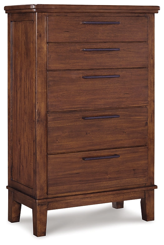 Ralene Queen Upholstered Panel Bed with Dresser, Chest and Nightstand