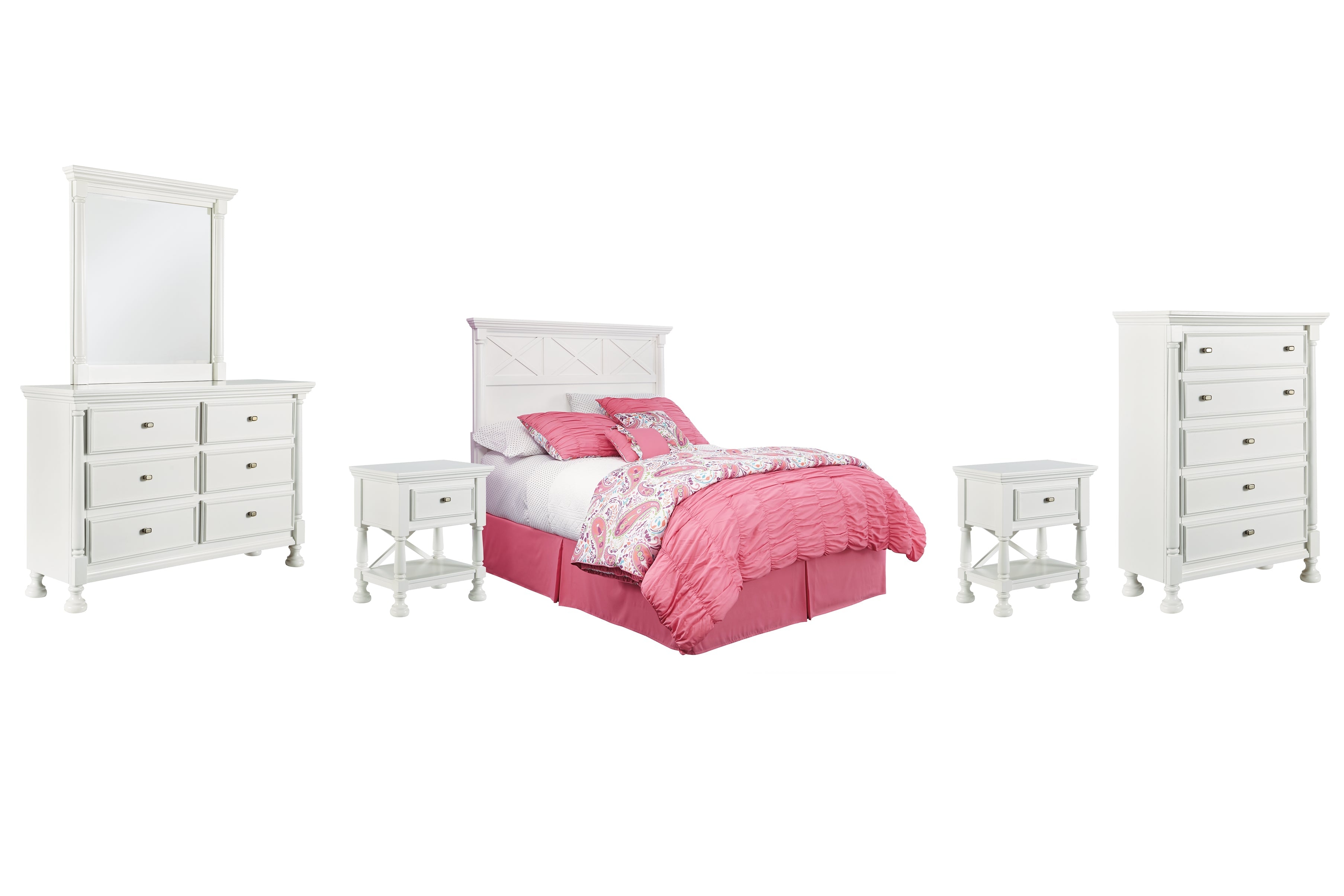 Kaslyn Queen Panel Headboard with Mirrored Dresser, Chest and 2 Nightstands