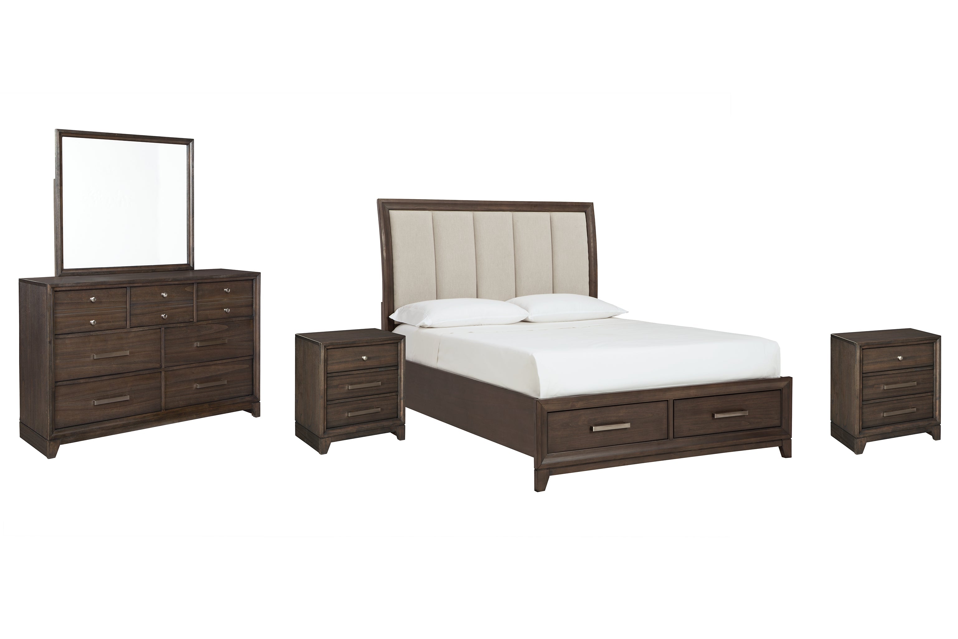 Brueban Queen Panel Bed with 2 Storage Drawers with Mirrored Dresser and 2 Nightstands