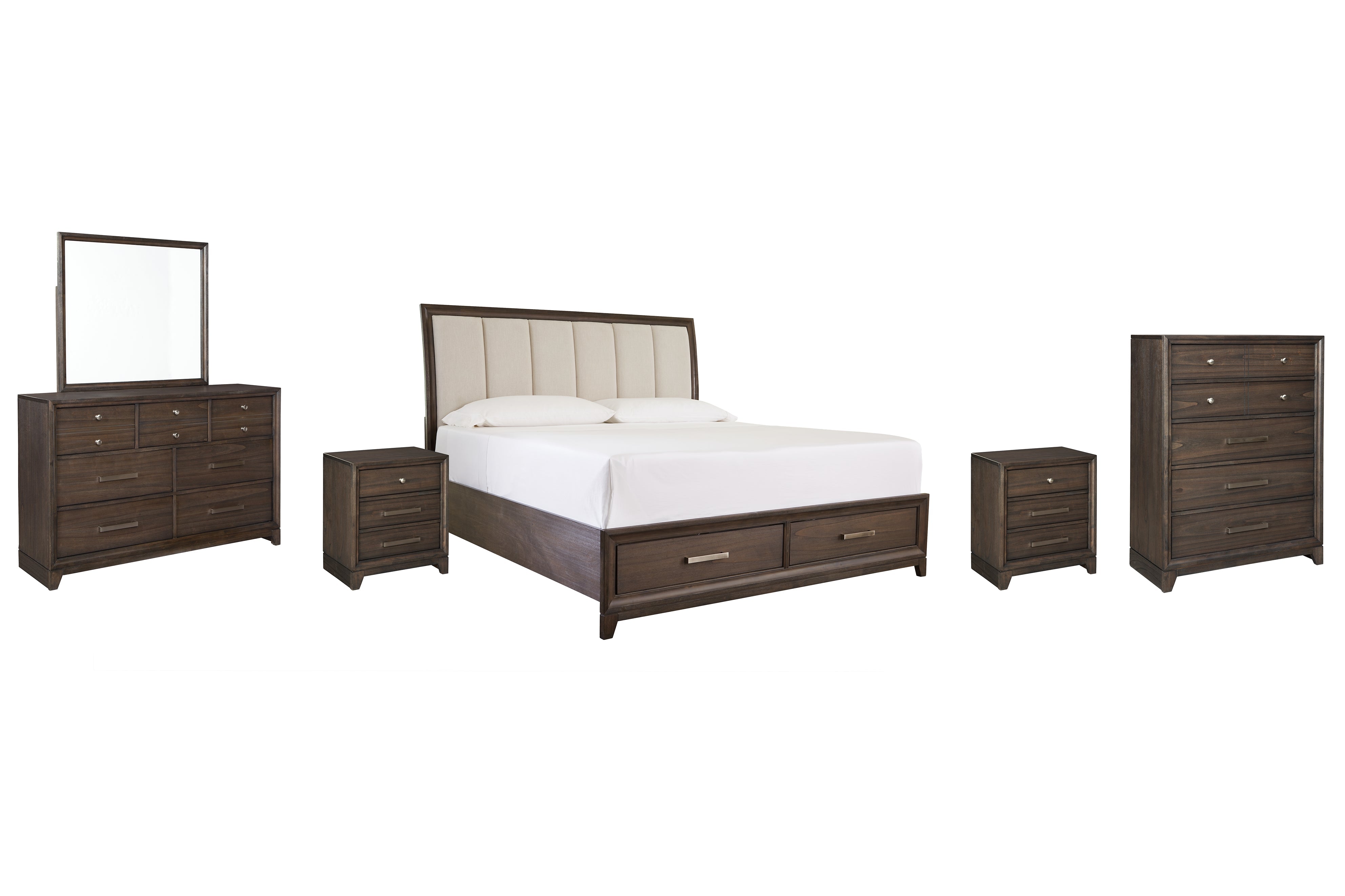 Brueban King Panel Bed with 2 Storage Drawers with Mirrored Dresser, Chest and 2 Nightstands