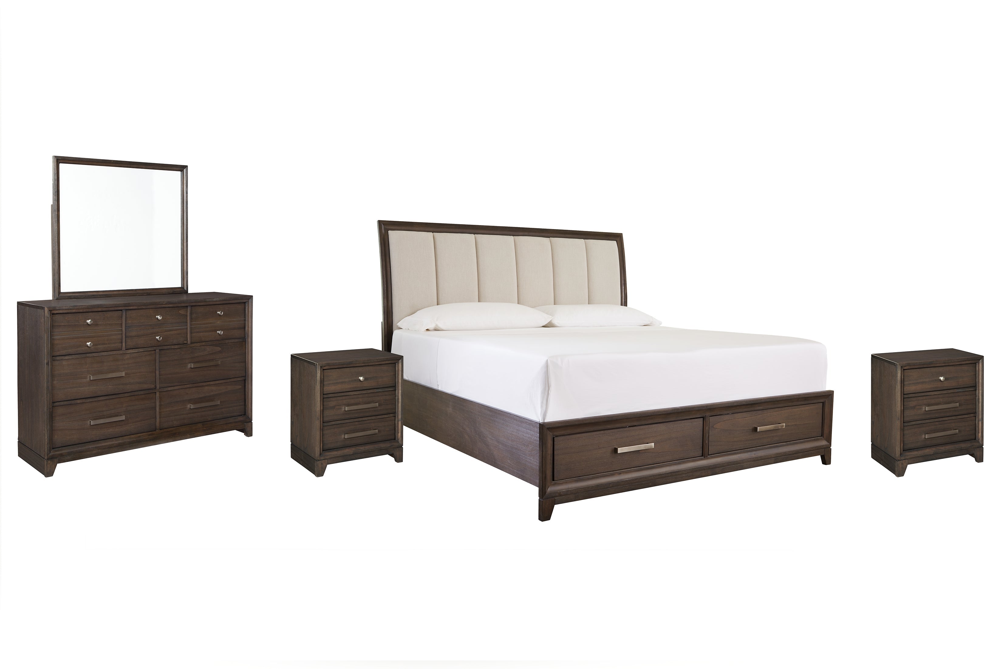 Brueban California King Panel Bed with 2 Storage Drawers with Mirrored Dresser and 2 Nightstands