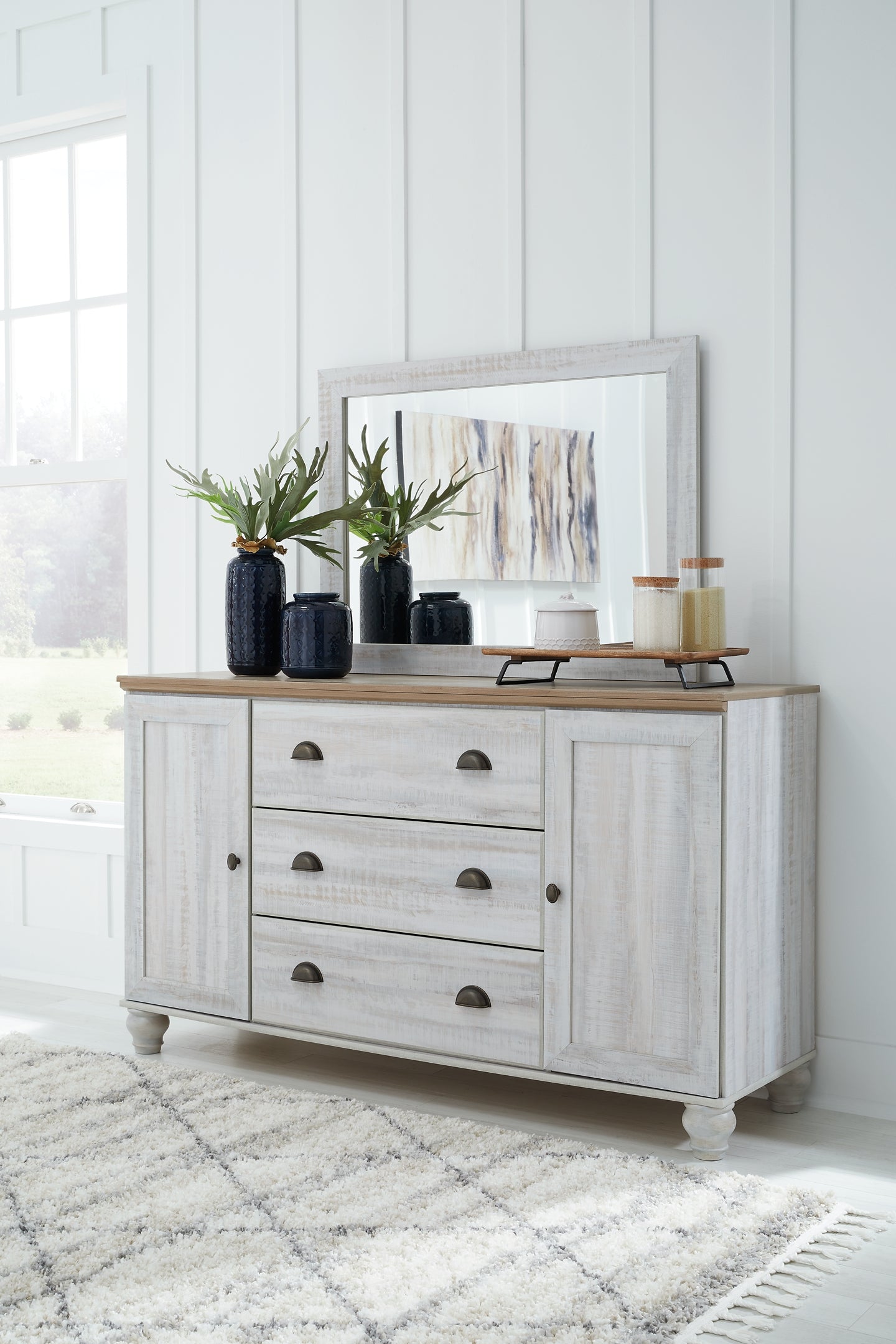 Haven Bay King Panel Bed with Mirrored Dresser and Chest