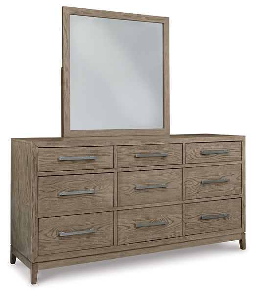 Chrestner Queen Upholstered Panel Bed with Mirrored Dresser, Chest and Nightstand