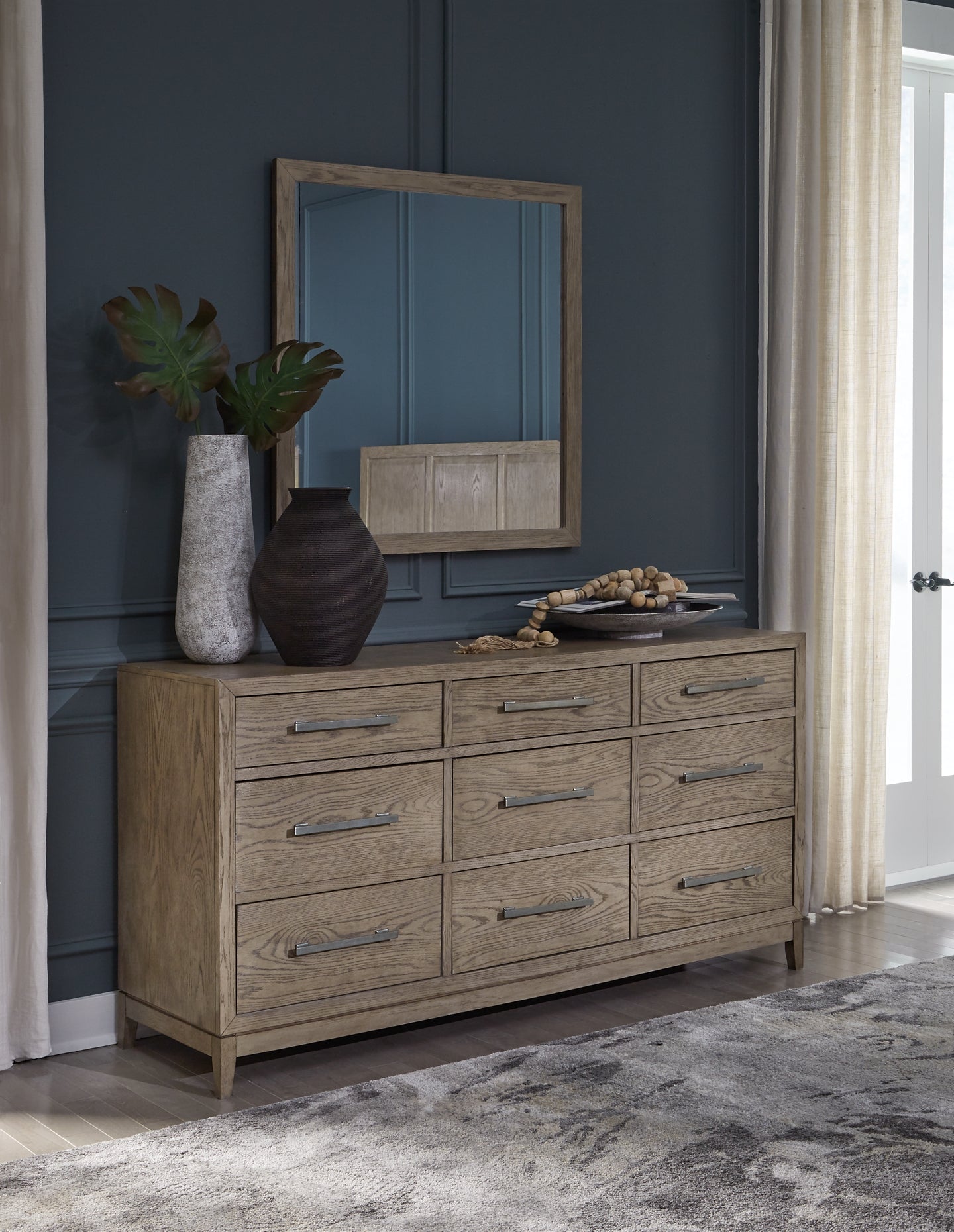 Chrestner Queen Upholstered Panel Bed with Mirrored Dresser and 2 Nightstands